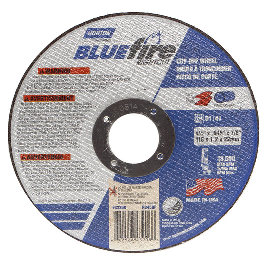 Norton BlueFire 4-1/2 in. D X 7/8 in. Aluminum Oxide Right Cut Cut-Off Wheel 1 pc