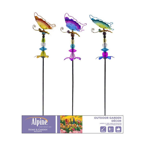 Alpine Multicolored Glass/Metal 36 in. H X 6 in. L X 6 in. W Butterfly/Flower/Jewels Outdoor Garden (Pack of 24)