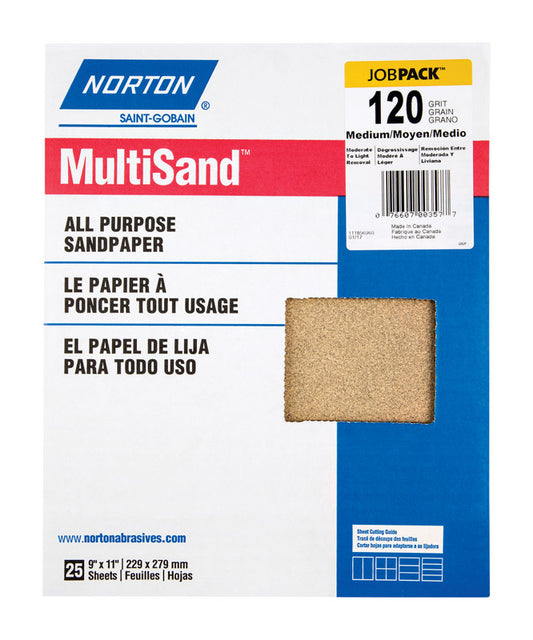 Norton MultiSand 11 in. L x 9 in. W 120 Grit Medium Aluminum Oxide All Purpose Sandpaper 25 pk