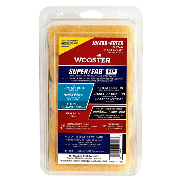 Cubierta para rodillo de pintura Wooster Super/FAB Jumbo de 4,5 pulg. de ancho y 3/8 pulg., paquete de 10 (paquete de 4)