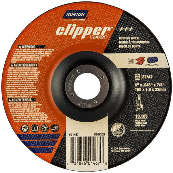 Disco de corte clásico de óxido de aluminio Norton Clipper de 6 pulg. DX de 7/8 pulg., paquete de 1