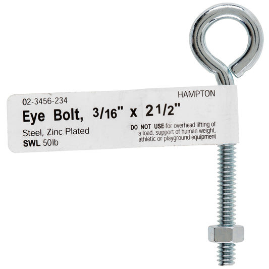 Hampton 3/16 in. x 2-1/2 in. L Zinc-Plated Steel Eyebolt Nut Included (Pack of 10)