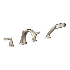 Brushed nickel two-handle low arc roman tub faucet includes hand shower