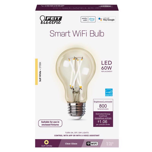 Feit Smart Home A19 E26 (Medium) Smart-Enabled LED Smart Bulb Soft White 60 Watt Equivalence 1 pk