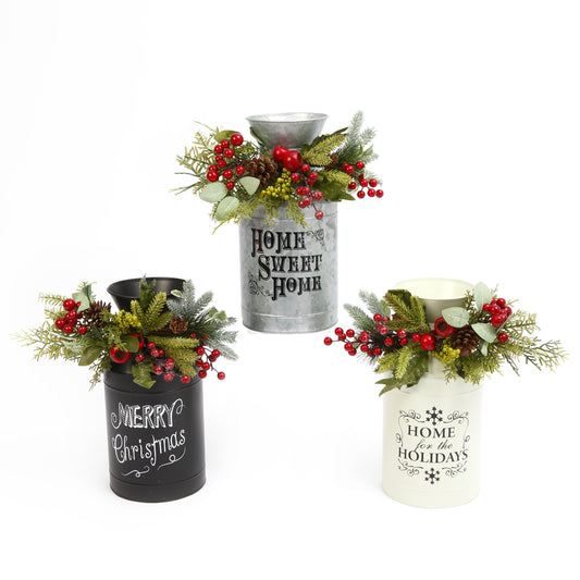 Gerson Assorted Milk Can with Floral Accent Indoor Christmas Decor (Pack of 3).