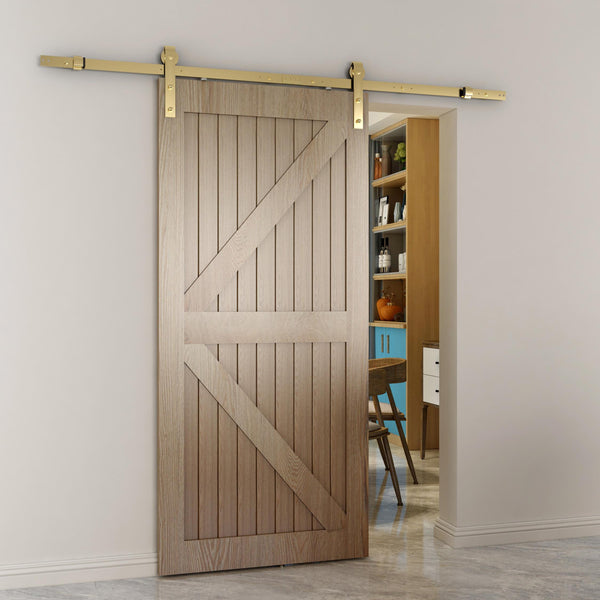 Set de puerta corrediza con correa de granero para puertas de 36 pulgadas - latón satinado (C) - Caja abierta