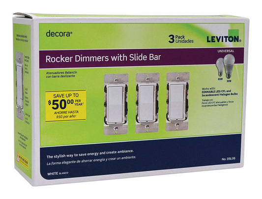 Leviton Decora White 600 W Rocker Dimmer Switch 3 pk