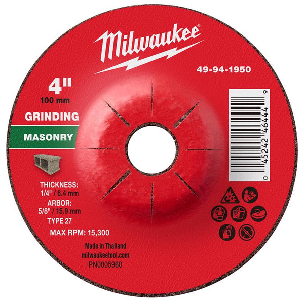 Milwaukee rueda de esmerilado para mampostería de 4 in. de D X 5/8 in. X 1/4 in. de grosor, 1 paquete
