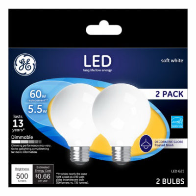 GE G25 E26 (Medium) LED Bulb Soft White 60 Watt Equivalence 2 pk