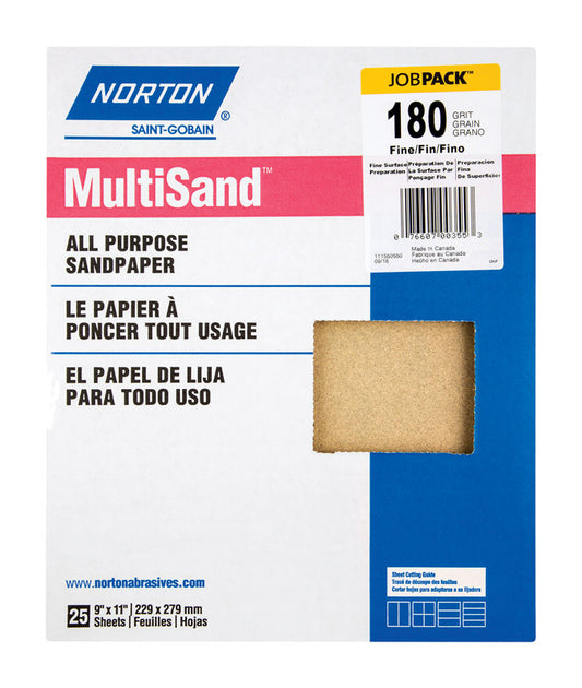 Norton MultiSand 11 in. L x 9 in. W 180 Grit Fine Aluminum Oxide All Purpose Sandpaper 25 pk