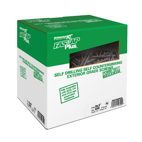 Tornillos para madera Fastap Plus n.º 9 x 3 pulg. L cuadrados DuracoatXT de punta gruesa, paquete de 500