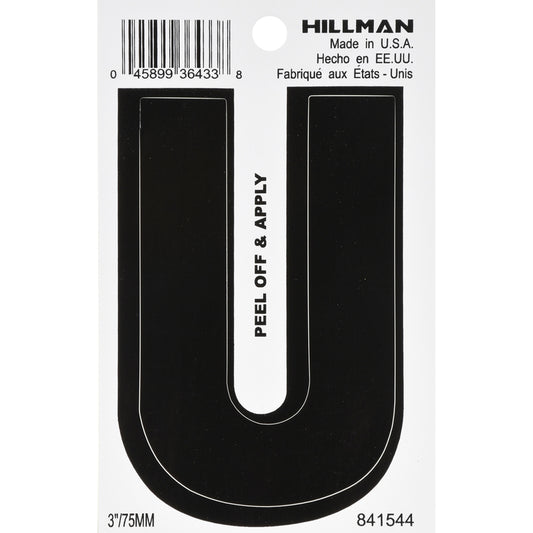 Hillman 3 in. Black Vinyl Self-Adhesive Letter U 1 pc (Pack of 6)