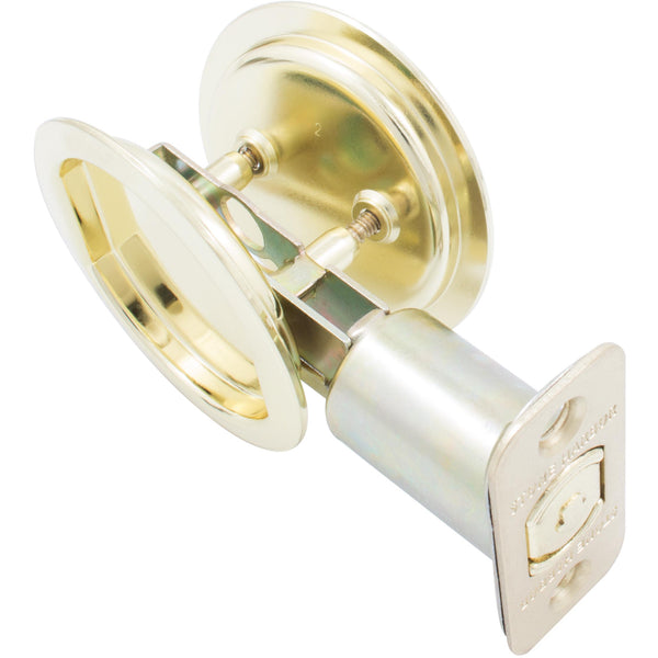 Round Pocket Door Lock, Passage (Hall/Closet) Latch, 2-3/4" Backset, RCL, Polished Brass by Stone Harbor Hardware