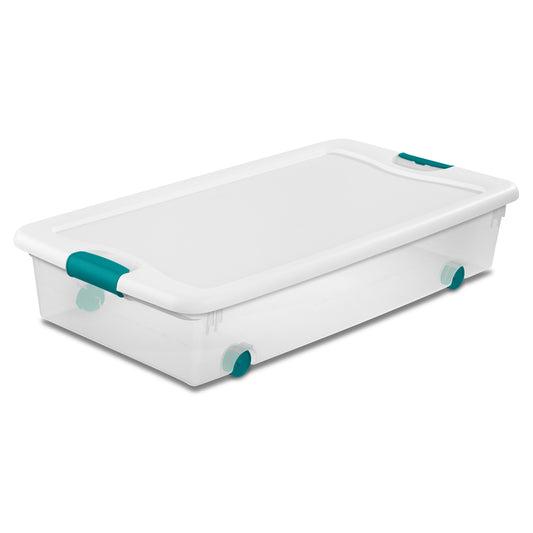 Sterilite 14988004 56 Quart White/Clear Plastic Storage Box With Blue Aquarium Latches & Wheels (Pack of 4)