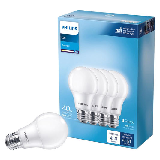 Philips A19 E26 (Medium) LED Bulb Daylight 40 Watt Equivalence 4 pk