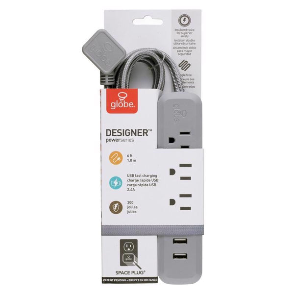 Regleta de enchufes de 6 pies de largo y 3 tomas de corriente con puertos USB de Globe Electric, color gris, 300 J (paquete de 8)