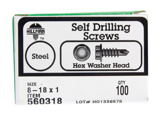 Hillman No. 8-18 X 1 in. L Hex Hex Washer Head Self- Drilling Screws 100 pk