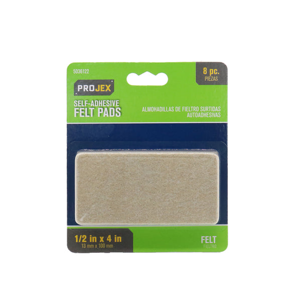 Almohadilla de fieltro autoadhesiva Projex para superficies, rectangular, marrón, 1/2 pulg. de ancho x 4 pulg. de largo, paquete de 8
