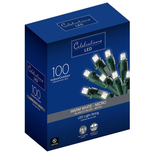 Celebrations LED Micro/5mm Warm White 100 ct String Christmas Lights 24.5 ft. (Pack of 12)