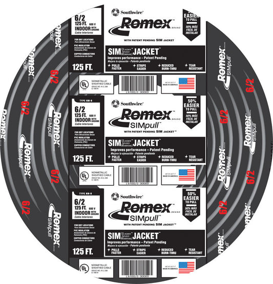 Southwire 28894402 6 AWG Romex SIMpull® 2 Con 125'Nonmetallic-Sheathed Cable