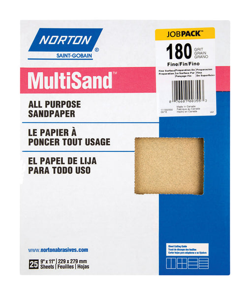 Papel de lija multiusos de óxido de aluminio fino Norton MultiSand de 11 pulgadas de largo x 9 pulgadas de ancho, grano 180, paquete de 25