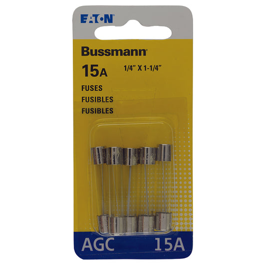 Bussmann 15 amps AGC Glass Tube Fuse 5 pk (Pack of 5)