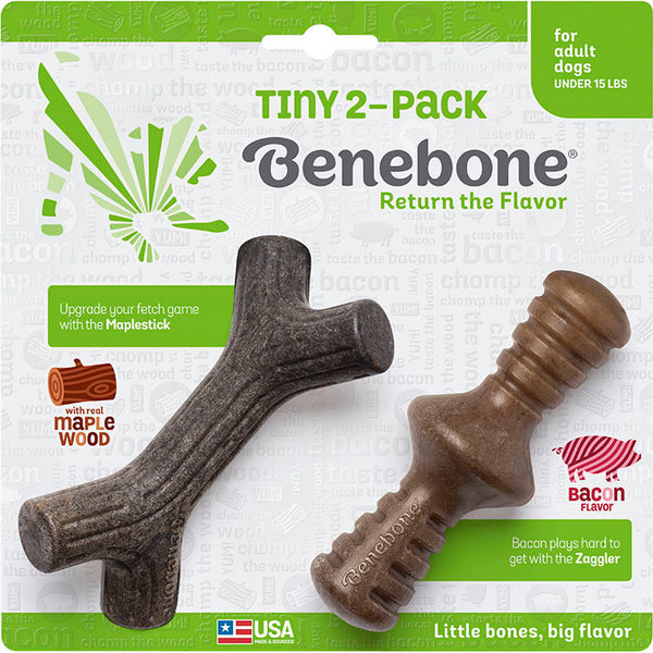 Benebone Tiny Pack Dog Chew Toys Maplestick and Zaggler Bacon & Maple Wood Flavors 2 Pack for Dogs Under 15 lbs