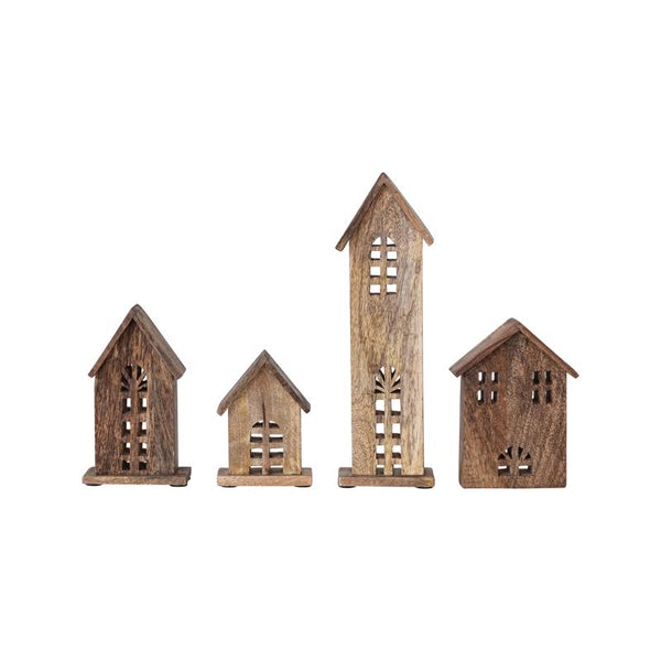 Creative Co-Op Carved Mango Wood Houses Table Decor (Pack of 6)