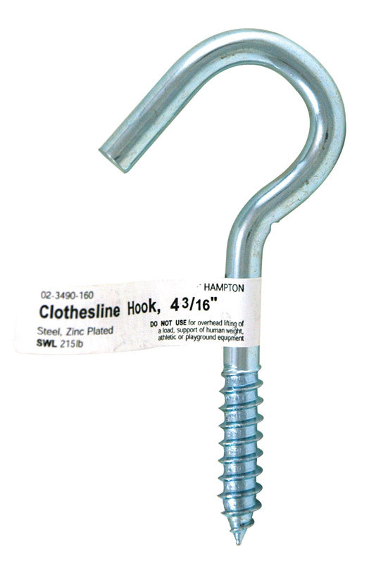 Hampton Small Zinc-Plated Silver Steel 4.1875 in. L Clothesline Hook 215 lb. 1 pk (Pack of 10)