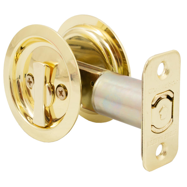 Cerradura para puerta de bolsillo redonda, pestillo para privacidad (dormitorio/baño), retroceso de 2-3/4", RCL, latón pulido de Stone Harbor Hardware