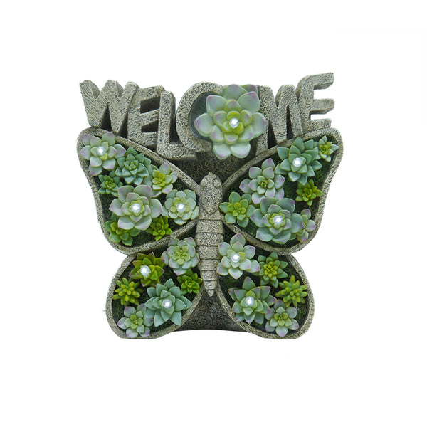 Decoración solar para exteriores con suculentas de poliresina verde Meadow Creek de 10 pulgadas de alto y forma de mariposa (paquete de 3)