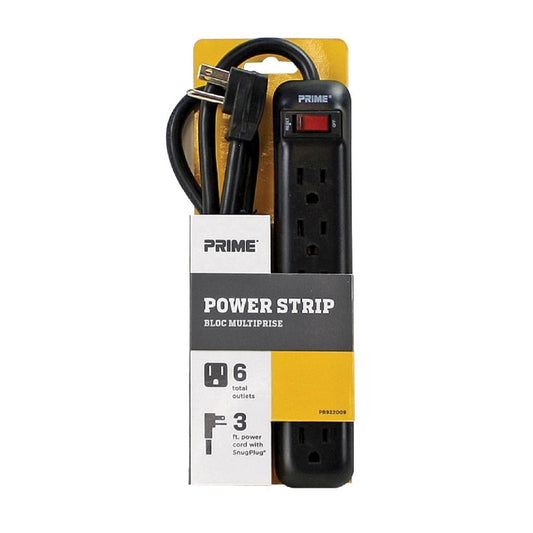 Prime 3 ft. L 6 outlets Power Strip Black