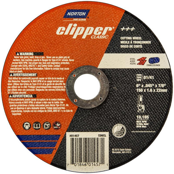 Disco de corte clásico de óxido de aluminio Norton Clipper de 6 pulg. DX de 7/8 pulg., paquete de 1