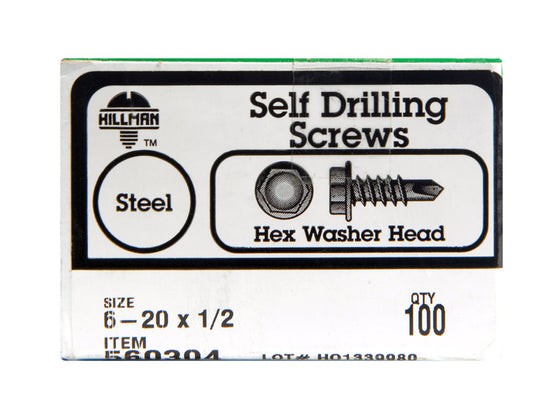 Hillman No. 6-20 X 1/2 in. L Hex Hex Washer Head Self- Drilling Screws 100 pk