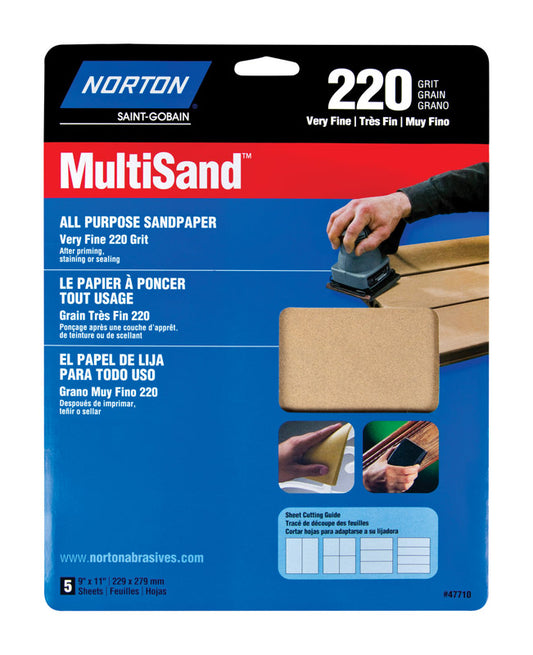 Norton MultiSand 11 in. L X 9 in. W 220 Grit Aluminum Oxide All Purpose Sandpaper 5 pk