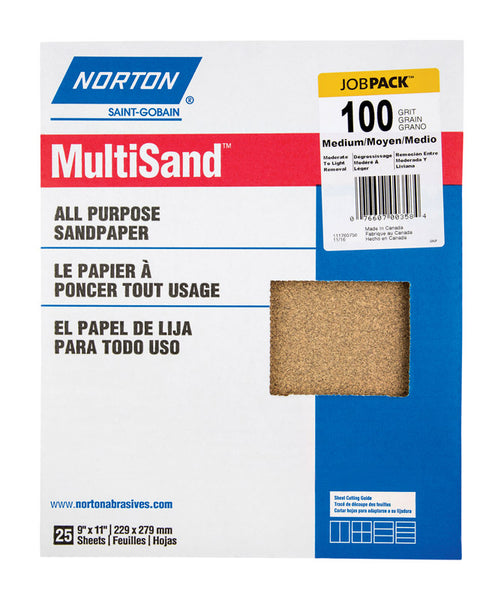 Papel de lija multiusos de óxido de aluminio de grano medio Norton MultiSand de 11 pulg. de largo x 9 pulg. de ancho, 100 unidades