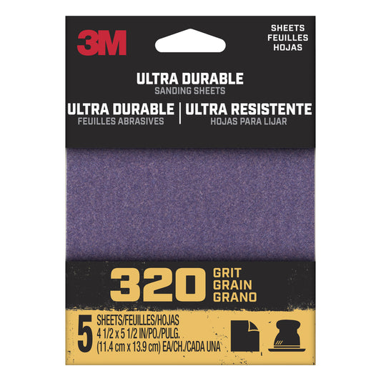 3M Ultra Durable 5.5 L x 4.5 W 320 Grit Aluminum Oxide 1/4 Sheet Sandpaper 5 pk