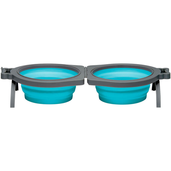 Bella Roma Travel Dog Bowl Double Diner Silicone Collapsible Blue Medium