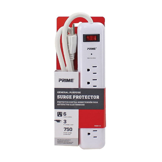 Prime 3 ft. L 6 outlets Surge Protector White 750 J