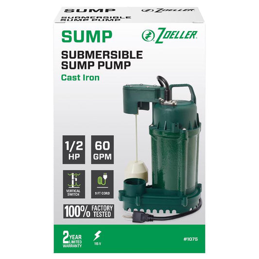 Zoeller Cast Iron 1/2 HP 3600 GPH Vertical Float Switch Submersible Sump Pump 11.5 H x 8.25 W in.