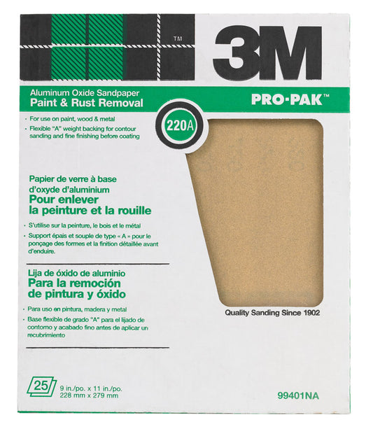 3M Pro-Pak 11 in. L X 9 in. W 220 Grit Aluminum Oxide Sandpaper 25 pk