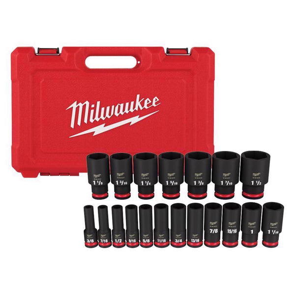 Juego de dados de impacto profundo de 6 puntas SAE de 1/2 pulg. con impulsión de Milwaukee ShockWave, 19 piezas