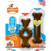 Nylabone Puppy Chew Textured Ring and Bone Dog Toy Petite 2 Pack Chicken Flavor Up to 15 lb Puppies