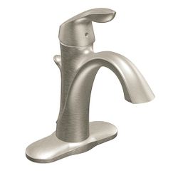 Brushed nickel one-handle high arc bathroom faucet