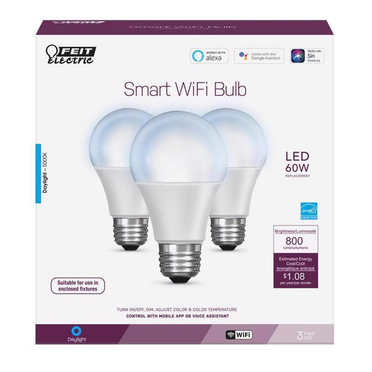 Feit LED Smart A19 E26 (Medium) Smart-Enabled LED Smart WiFi Bulb Daylight 60 Watt Equivalence 3 pk