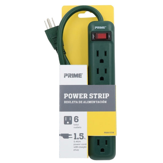 Prime 1.5 ft. L 6 outlets Power Strip Green
