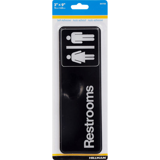 Hillman English Black Restroom Plaque 3 in. H X 9 in. W (Pack of 6)