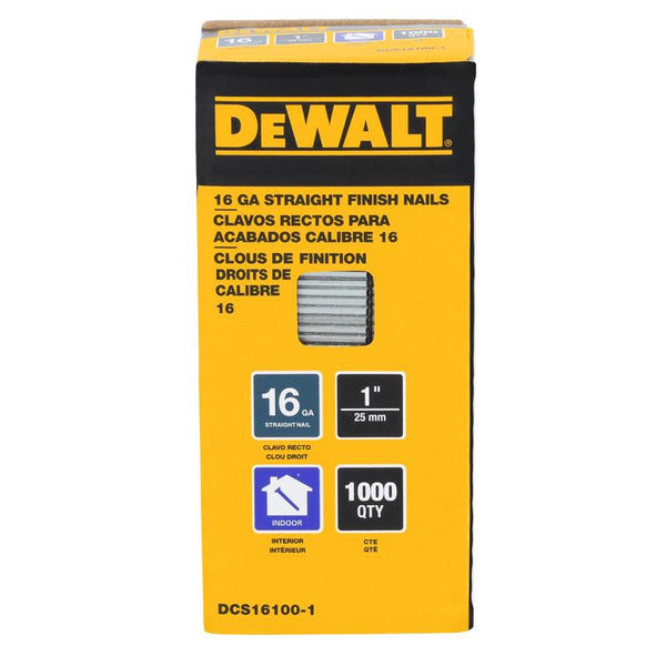 Clavos de acabado recubiertos DeWalt de tira recta, 1 in. de largo, calibre 16, paquete de 1000
