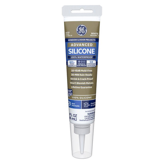 GE White Non-Paintable Shrink & Crack-Proof Silicone Sealant 2.8 oz.