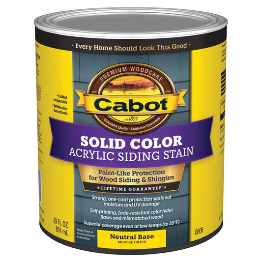 Cabot Solid Tintable 0806 Neutral Base Water-Based Acrylic Siding Stain 1 qt. (Pack of 4)